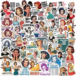 Collage of 50 retro pin-up girl stickers with sassy English quotes for DIY decoration.