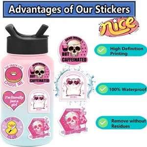 Kenmerken van roze cartoon stickers: HD-print, waterbestendig en zonder resten verwijderbaar.