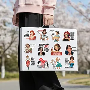 Collection of vintage-style cartoon stickers with witty female quotes on a white surface.