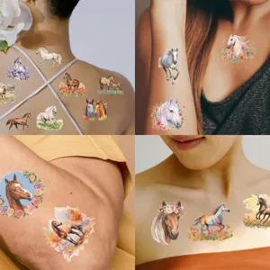 Various horse temporary tattoos shown on skin in a stylish lifestyle collage view