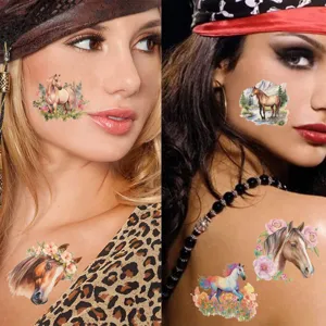 Close-up of various artistic horse temporary tattoo stickers applied on skin for parties