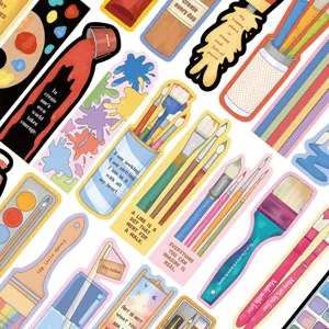 Close-up of cartoon art paint brush themed paper bookmarks for DIY journals