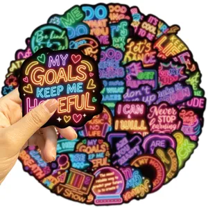 Detailed macro view of vibrant neon inspirational quote stickers for DIY decoration