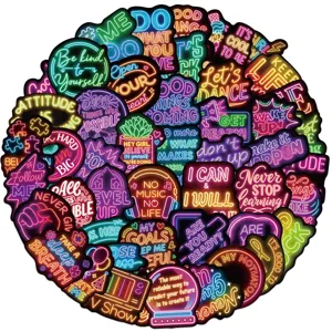 Set of 50 colorful neon motivational quote stickers for DIY decoration on laptops and guitars