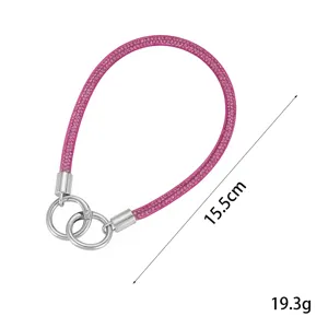 Luxury pink rhinestone mesh phone wristlet strap with dual silver rings 15.5cm long