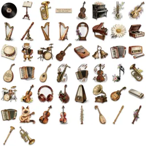 Detailed view of 50 vintage musical instrument stickers for scrapbooking
