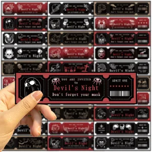 Detailed view of a Gothic Devil's Night themed skull bookmark with ticket design