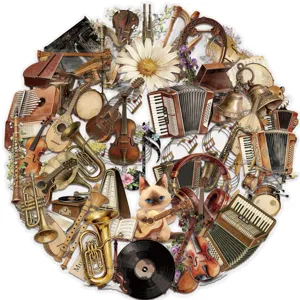 Collage of vintage musical instrument stickers featuring violins guitars and gramophones