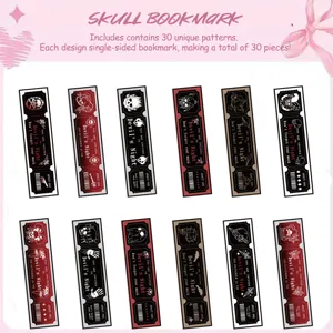 Detailed view of 30 unique skull themed paper bookmarks for Halloween DIY decorations