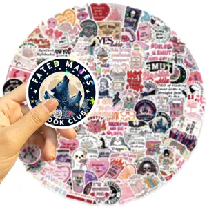 Close-up detail of holographic romance reading stickers set with shiny wolf logo
