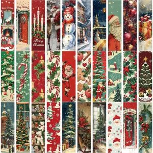 Detailansicht von 30 Vintage-Weihnachtslesezeichen aus Papier mit festlichen Motiven.