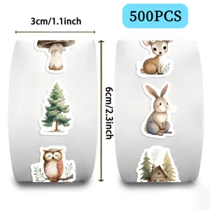 Dettaglio rotolo 500 adesivi animali della foresta con larghezza 3cm e acquerelli
