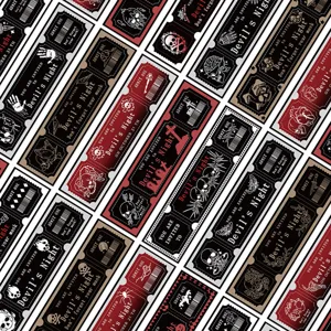 Detailed view of Gothic Devil's Night themed bookmarks with vintage ticket designs