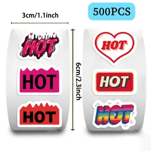 Close-up of 500pcs roll stickers showing size 3cm and various HOT text designs