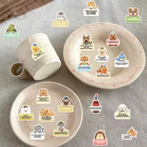 Set di adesivi animali cartoon impermeabili con frasi motivazionali su stoviglie in ceramica