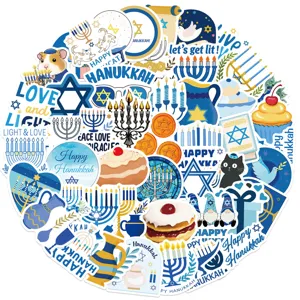 Colección de pegatinas de Hanukkah en azul y dorado con variados motivos festivos dibujos