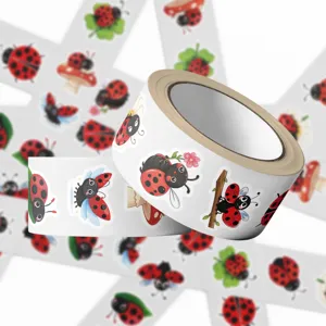Detailed macro view of a cartoon ladybug sticker roll for DIY scrapbooking and decoration