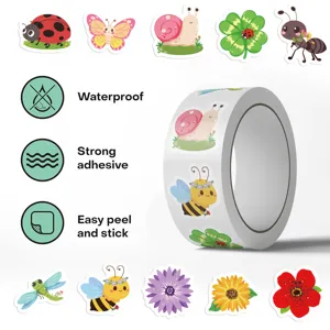Detailweergave van de stickerrol met tuindieren met waterbestendige en sterke kleefeigenschappen