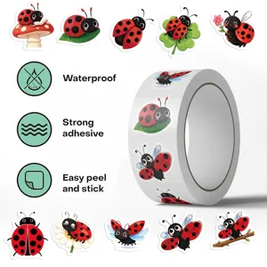 Roll of cute cartoon ladybug stickers featuring waterproof and strong adhesive properties