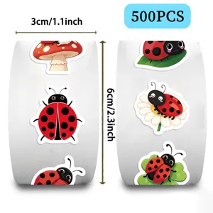 Detail showing 500pcs cartoon ladybug stickers roll with 1.1 inch width dimensions