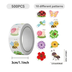 Gedetailleerde weergave van 10 cartoon insecten- en bloemenstickers met afmetingen