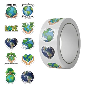 500 Pieces Earth Day Stickers Roll Cartoon Love Planet Labels Eco-Friendly Journaling Tape For Envelope Gift Decoration