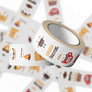 Close-up detail of cartoon marshmallow and chocolate themed decorative sticker rolls