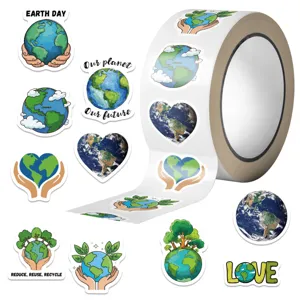 Close-up of Earth Day stickers roll featuring cartoon planet and conservation themes
