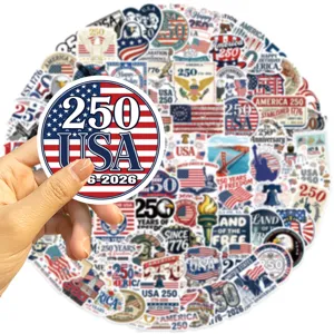 Detailed view of USA 250th anniversary stickers featuring various American patriotic symbols