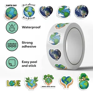 Detail of waterproof Earth Day sticker roll showing various eco-friendly designs