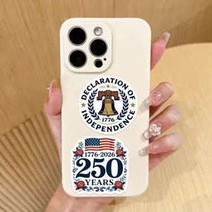 Detailed view of US 250th anniversary stickers applied on a white phone case
