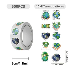 500pcs Earth Day sticker roll with 10 unique eco-friendly designs, 1.1 inch width