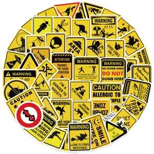 50 pieces of funny warning stickers for luggage and laptops with waterproof yellow design