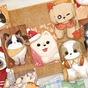 Detail view of various cute cartoon pet postcards displayed on a brown corkboard wall