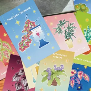 Set of magical botanical postcards with colorful plant illustrations for room decor