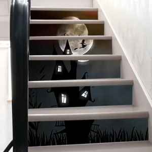 Decorative Halloween stair stickers featuring a spooky haunted castle and flying witch silhouette