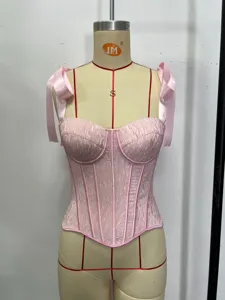 Top corset rose avec baleines et bretelles ruban vue détaillée, bustier sexy pour femmes