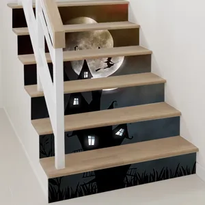 Spooky Halloween staircase decals featuring a flying witch and a dark castle scene.