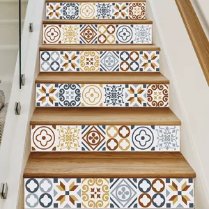 European style 3D geometric tile stickers for staircase riser renovation
