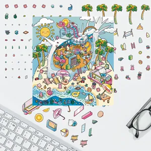 Vista dettagliata di simpatici adesivi mondo in miniatura per scrapbooking fai-da-te