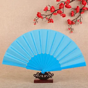 Solid color classic blue folding fan with stand summer dance cooling hand fan decorative