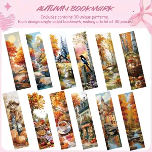 Set of 30 artistic autumn oil painting style paper bookmarks with unique seasonal designs.