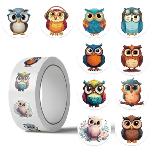 Detailed view of various colorful cartoon owl stickers for scrapbooking and decoration projects