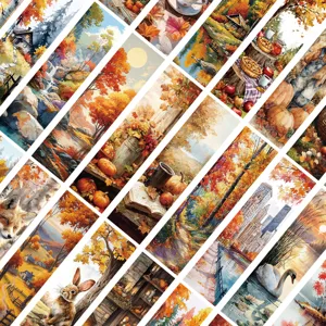 Detailed view of 30 autumn oil painting style bookmarks with nature and animal prints