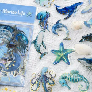 Macro view of transparent PET marine life stickers with gold foil details in packaging