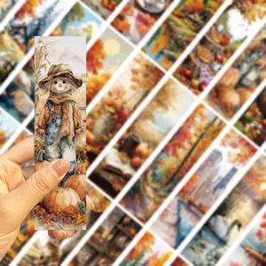 Autumn oil painting bookmark featuring a cute scarecrow and pumpkins watercolor art
