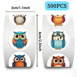 Detailed macro view of 500PCS cartoon owl sticker rolls showing dimensions and designs