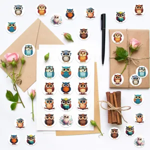 Cute cartoon owl stickers for DIY journals and envelope sealing on a white background