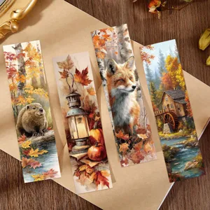 Close-up of four artistic autumn oil painting paper bookmarks on a vintage background