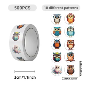 Set of 500 cartoon owl stickers on a roll featuring 10 cute unique bird patterns